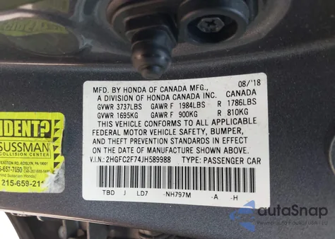 2018 Honda Civic Ex from USA, damaged, VIN 2HGFC2F74JH589988